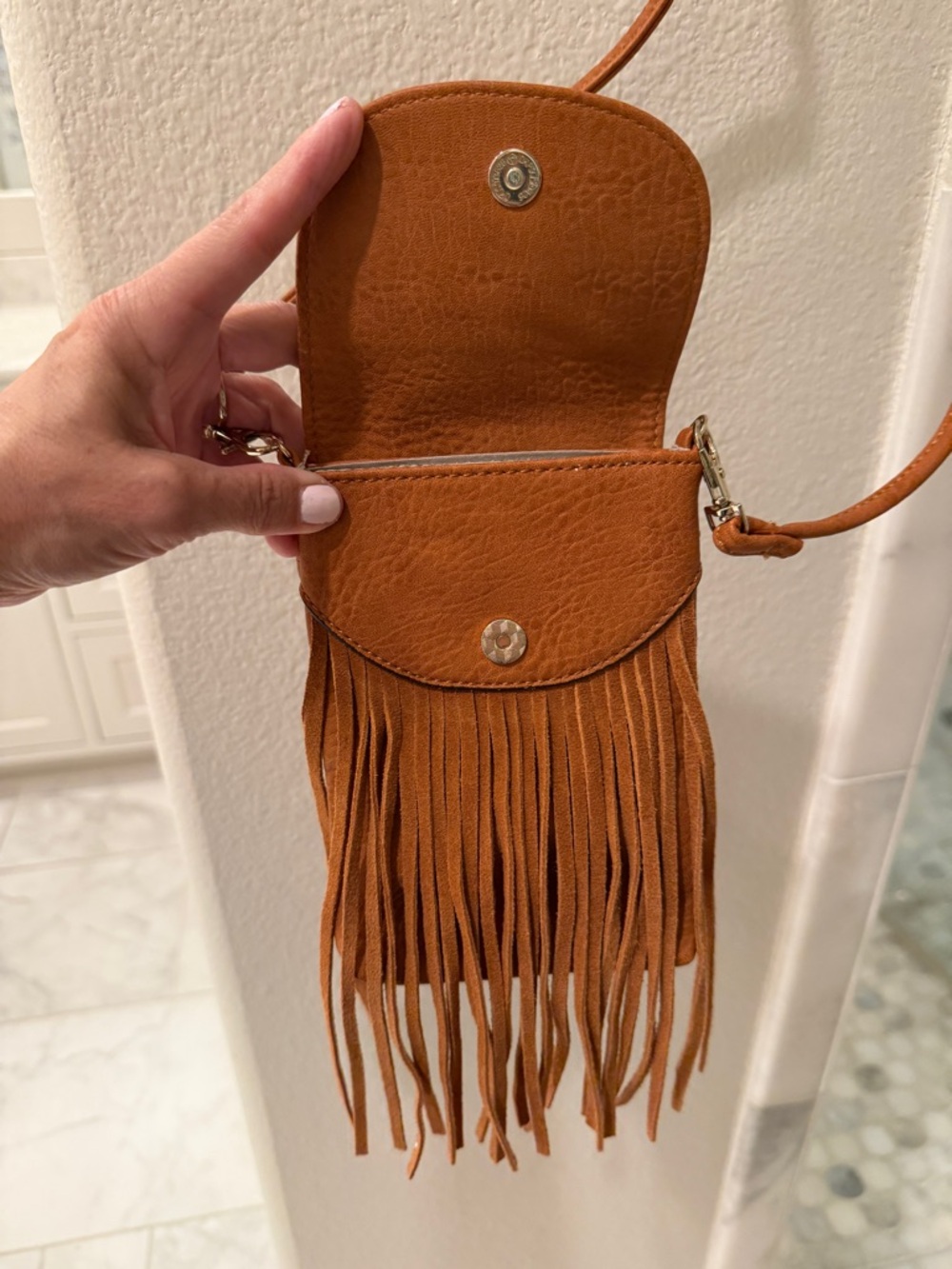 Fringe Crossbody Phone Bag in Cognac Brown